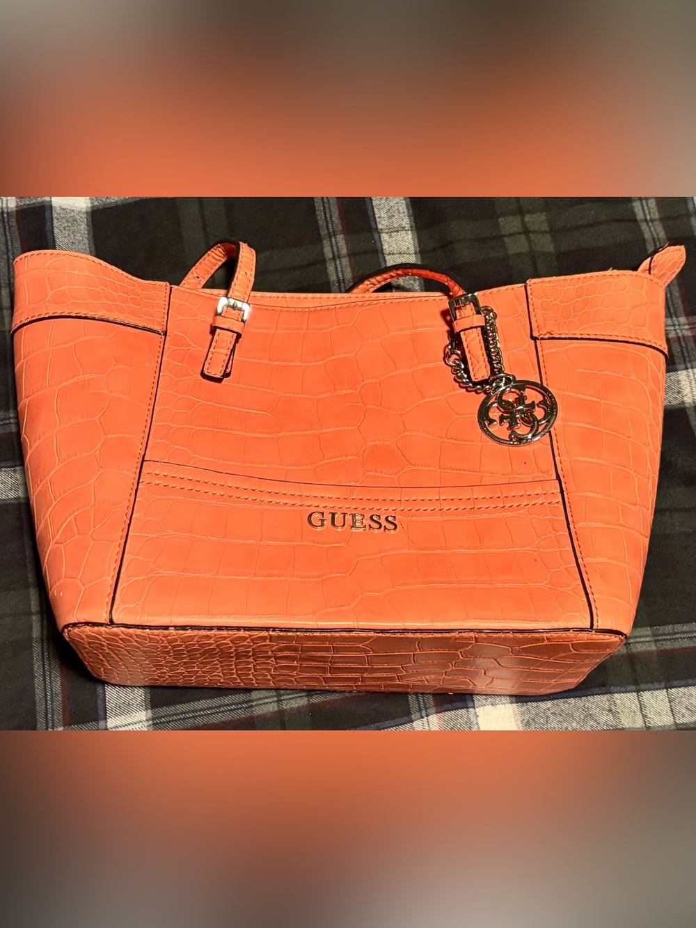 GUESS Orange Croc-Embossed Tote with Silver Charm